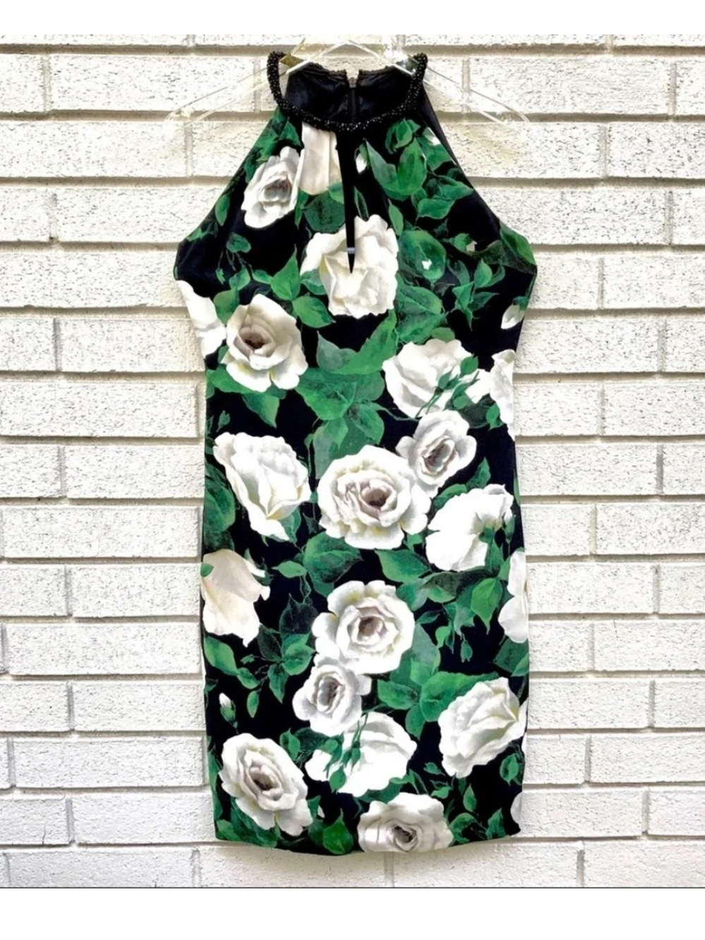 Carmen Marc Valvo 10 Floral Halter Sheath Dress in Black and Green